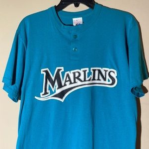 MLB Marlins baseball short sleeve jersey top size M. 2 button closure, turquoise